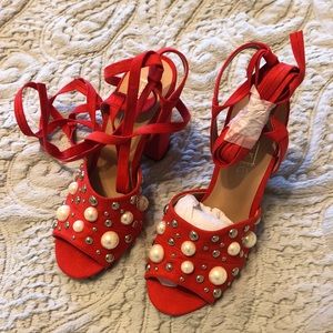 Pearl and stud detail block heel lace up sandals